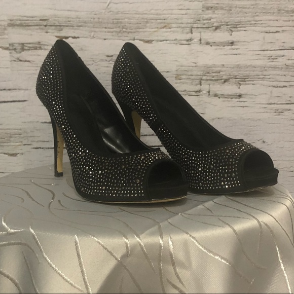 Chateau Shoes - Black glitter peep toe stiletto pumps Chateau size 9.5